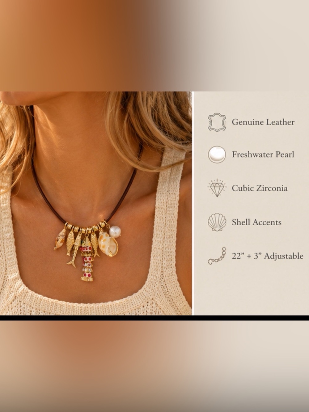 Atterri | Coastal Chic Leather Freshwater Pearl Shell Ocean Motif Charm Necklace - Picture 7 of 8